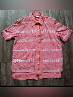 Alfred Dunner Womens Pink Floral Gardencore Rural Charm Short Sleeve Blouse 10